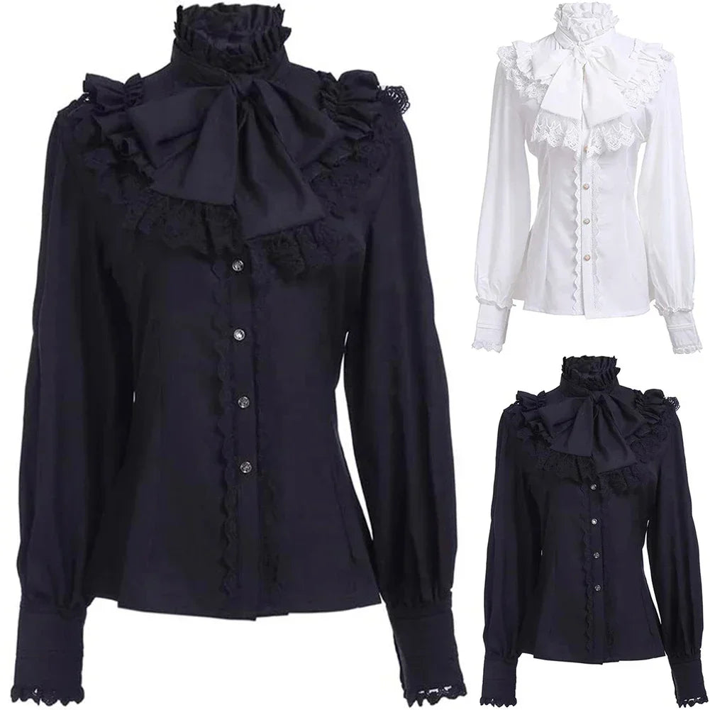 Viktoryen Lolita Bluz – Lotus Fırfırlı Uzun Kollu Slim Fit Vintage Üst - ürün görseli 5