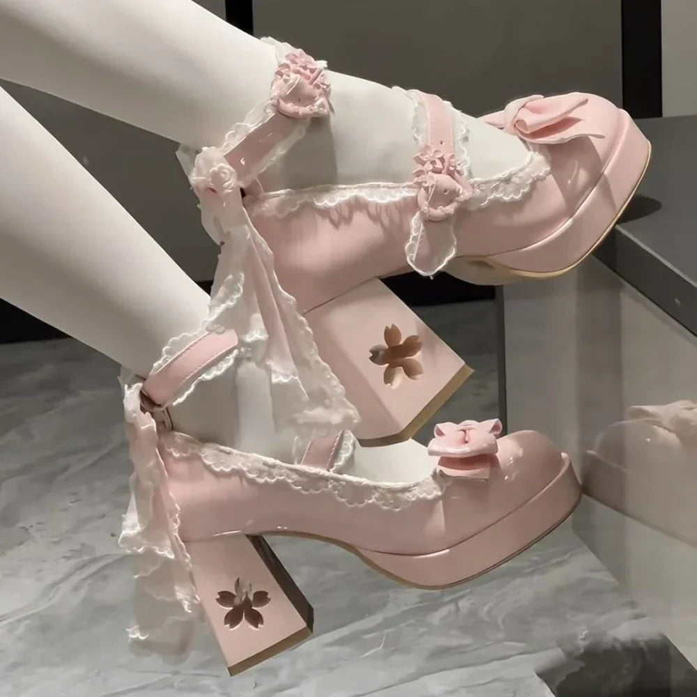Eprolo Lolita style shoes with bow detail, cute high heels in black, featuring fashionable ankle straps and a modest heel height.