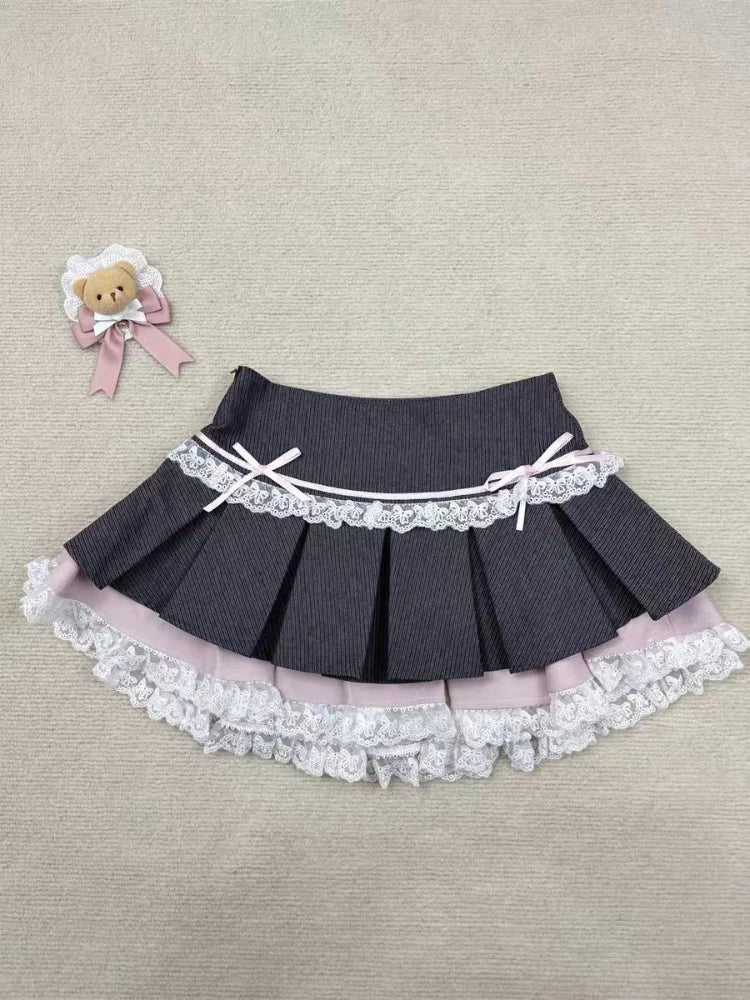 Eprolo long-sleeve blouse and mini skirt set featuring lace details and elegant design, perfect for stylish casual wear.