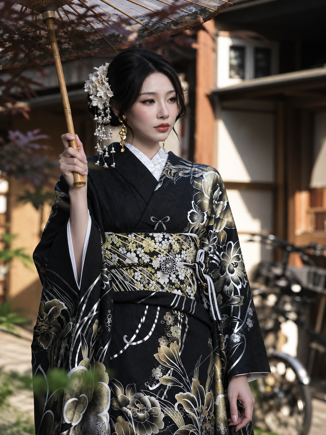 Japon Tanrıça Tarzı Siyah Kimono