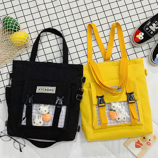 Transparent canvas shoulder bag with printed design from eprolo, featuring a clear, stylish look and adjustable shoulder strap.