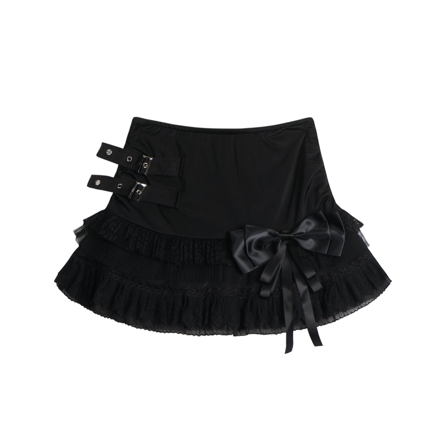 Eprolo low-rise bow mini skirt in black fabric, stylish and fitted, shown on a model.