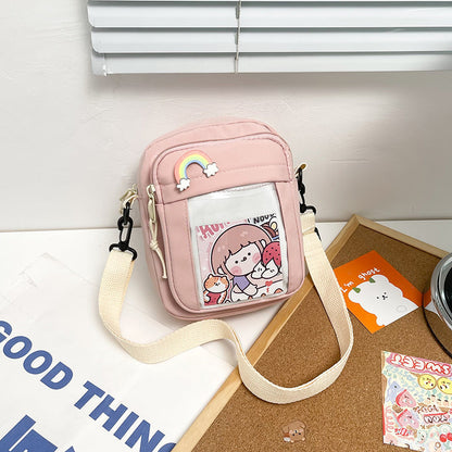 Eprolo Kore tarzı karikatürlü küçük omuz çantası with colorful cartoon design and adjustable shoulder strap.