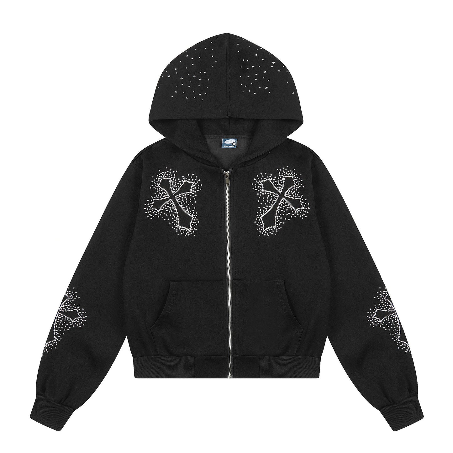 Eprolo zip-up hoodie with cross-patterned design and gemstone embellishments, featuring a comfortable fit and stylish look.