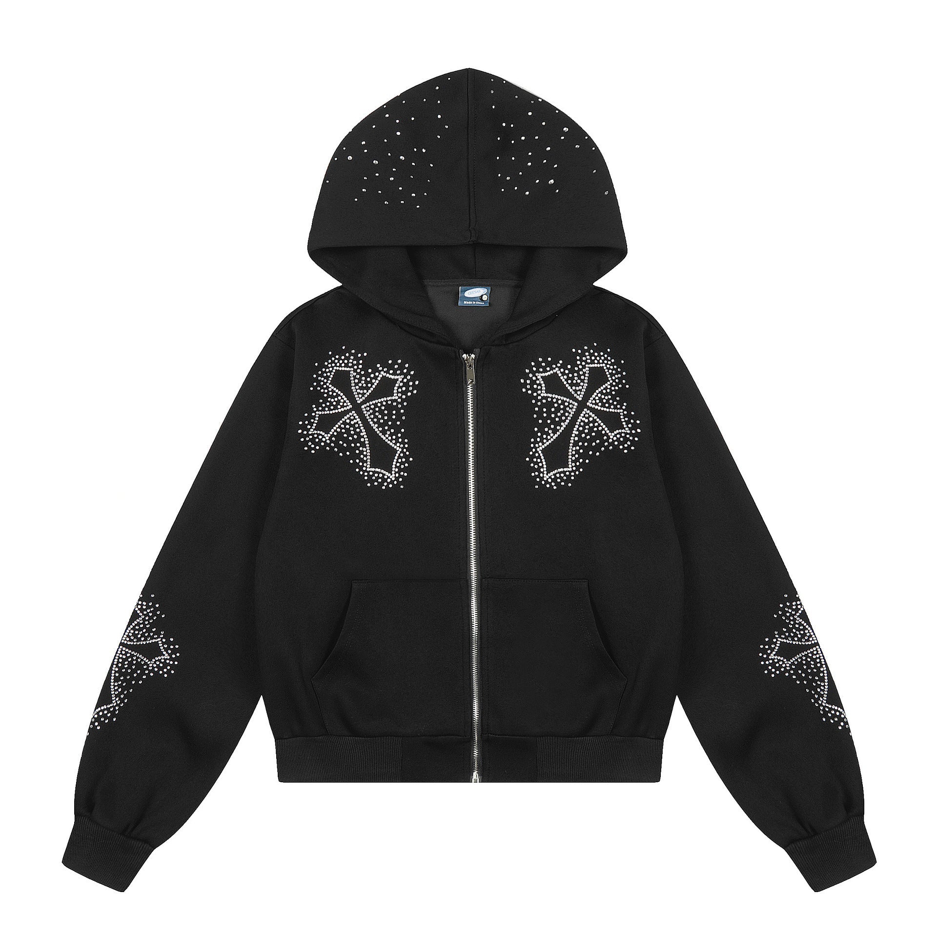 Eprolo zip-up hoodie with cross-patterned design and gemstone embellishments, featuring a comfortable fit and stylish look.