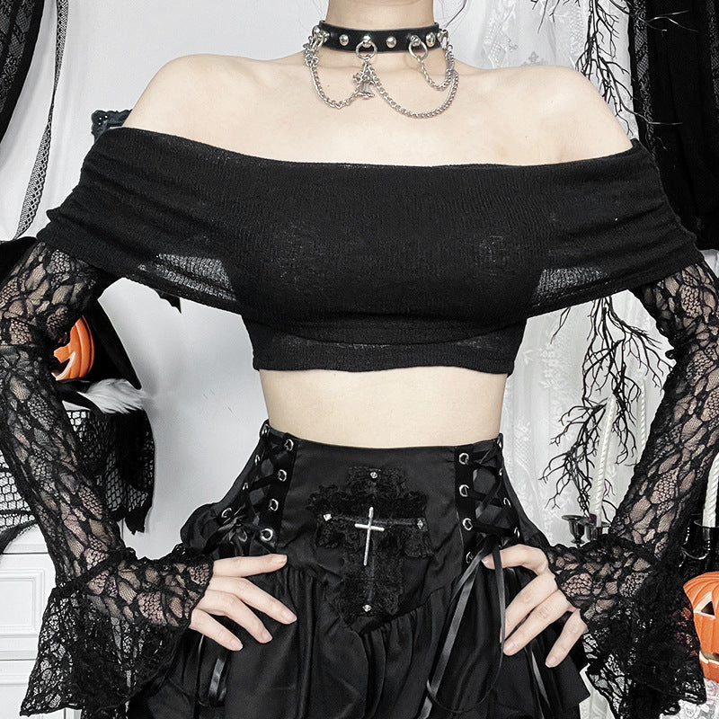 Eprolo off-shoulder top with intricate lace detailing and open shoulders, stylish and elegant for fashionable wear.