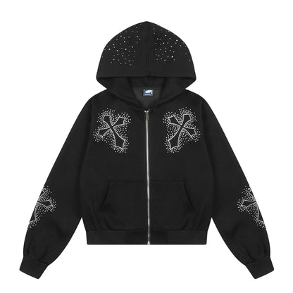 Eprolo zipper hoodie with cross pattern and decorative stones, featuring a casual fit and stylish design.