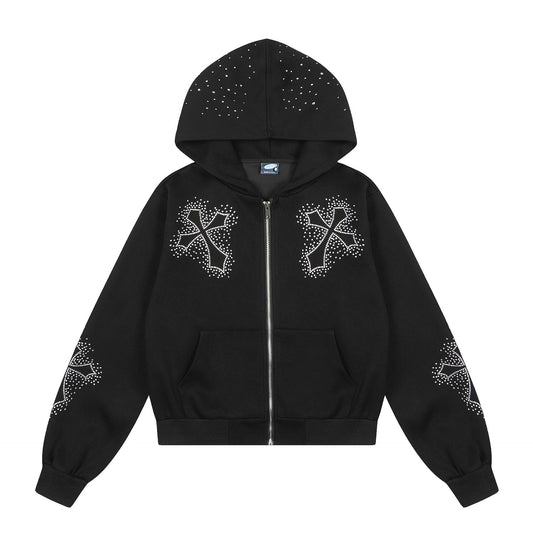 Eprolo zipper hoodie with cross pattern and decorative stones, featuring a casual fit and stylish design.