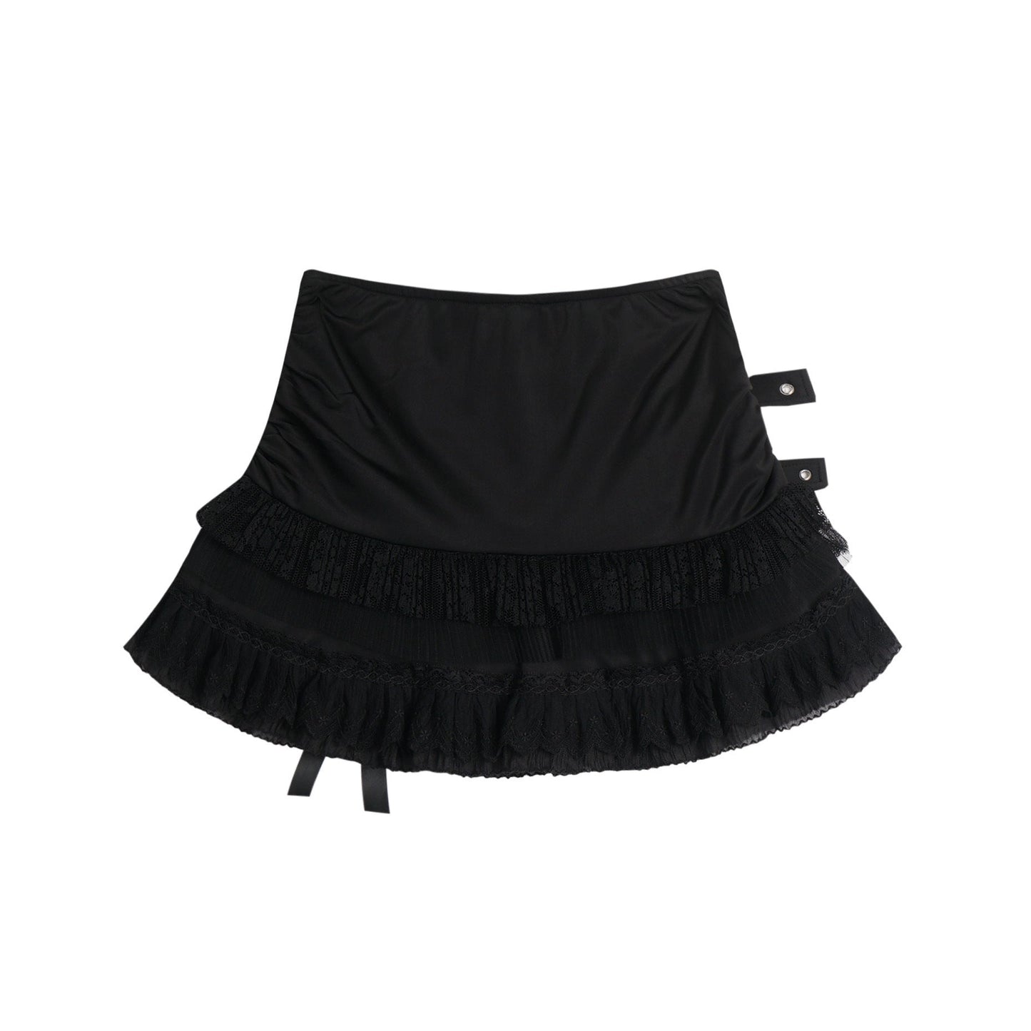 Eprolo low-rise bow mini skirt in black, shown on a hanger with a smooth fabric and bow detail at the waist.