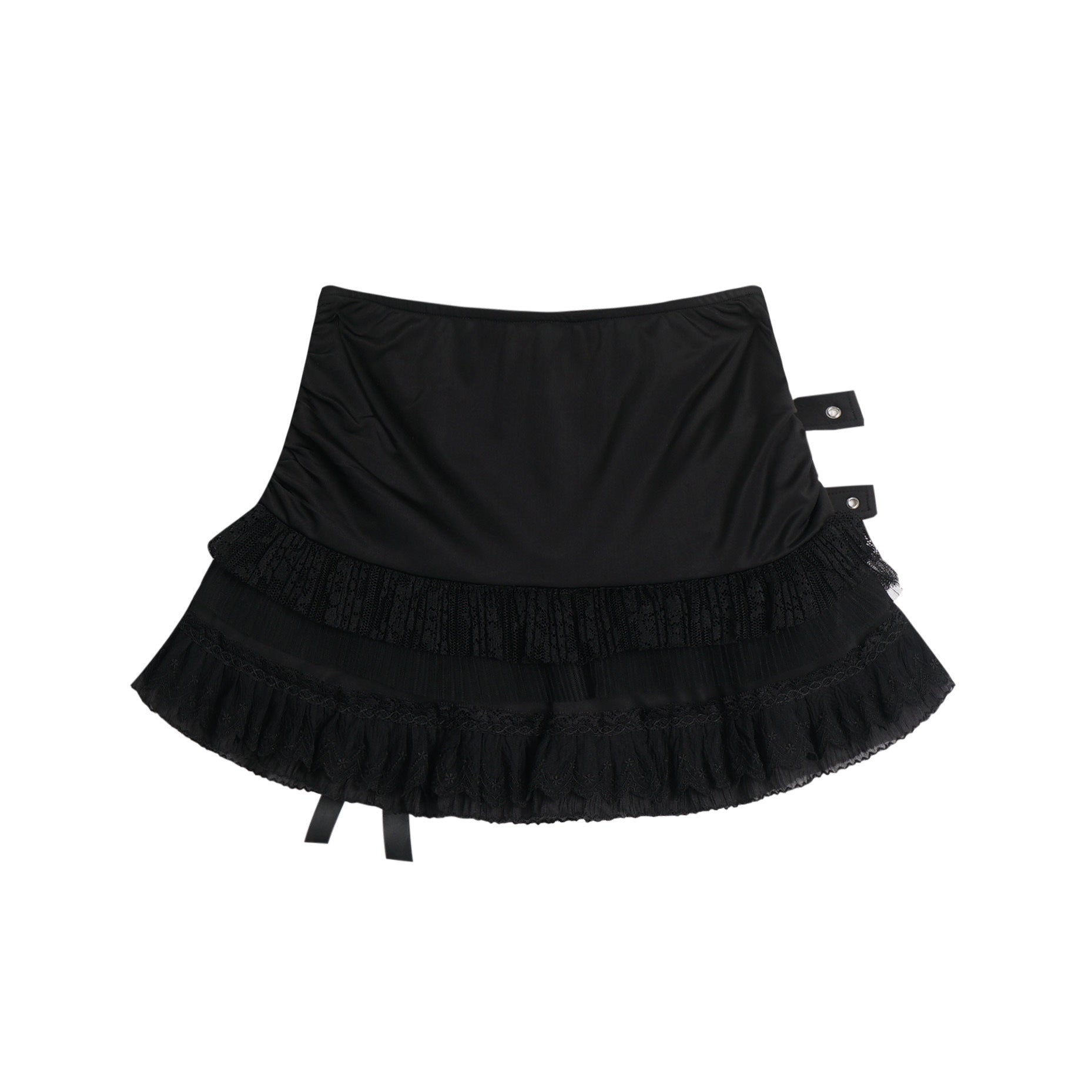 Eprolo low-rise bow mini skirt in black, shown on a hanger with a smooth fabric and bow detail at the waist.