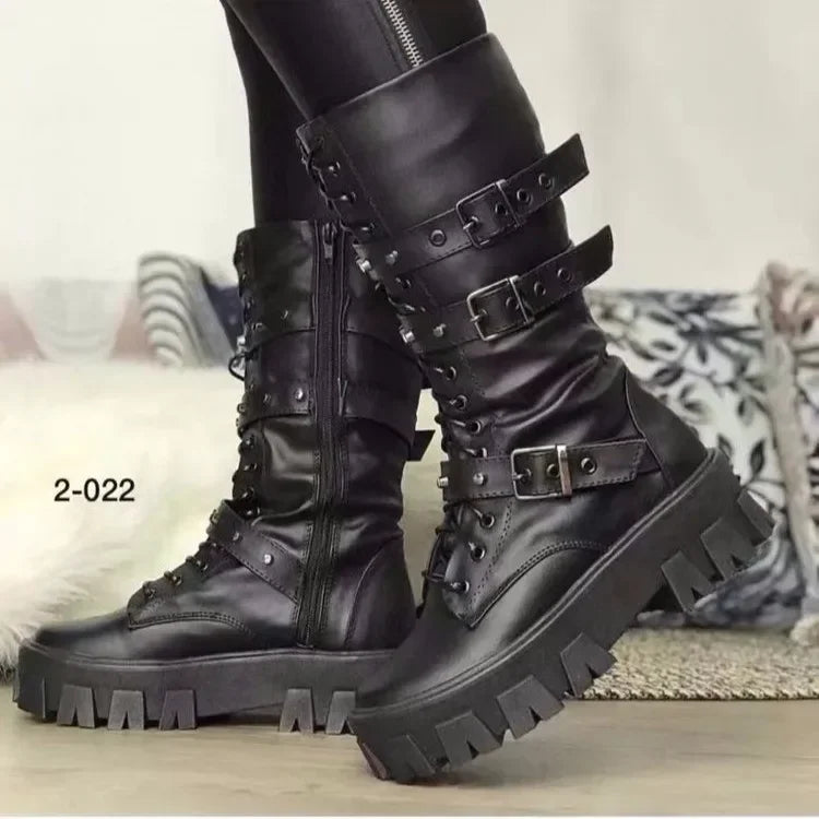Deri Platform Bağcıklı Punk Gotik Bot