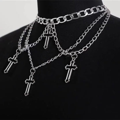 Eprolo Çok Katmanlı Haç Kolye with multiple silver chains and a prominent cross pendant, stylish jewelry accessory.