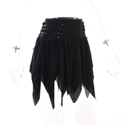 High-waisted ruffled mini skirt by eprolo, showcasing a stylish design with a trendy, flared hem and textured fabric.