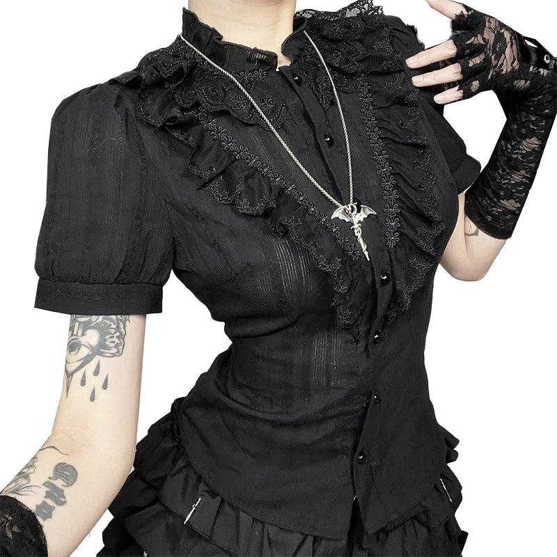 Black gothic lolita-style cropped shirt by eprolo featuring a dramatic V-cut neckline and intricate lace detailing.