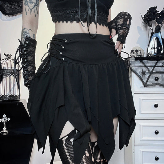 High-waisted ruffled mini skirt by eprolo, featuring a stylish flared design and soft fabric, displayed on a hanger.
