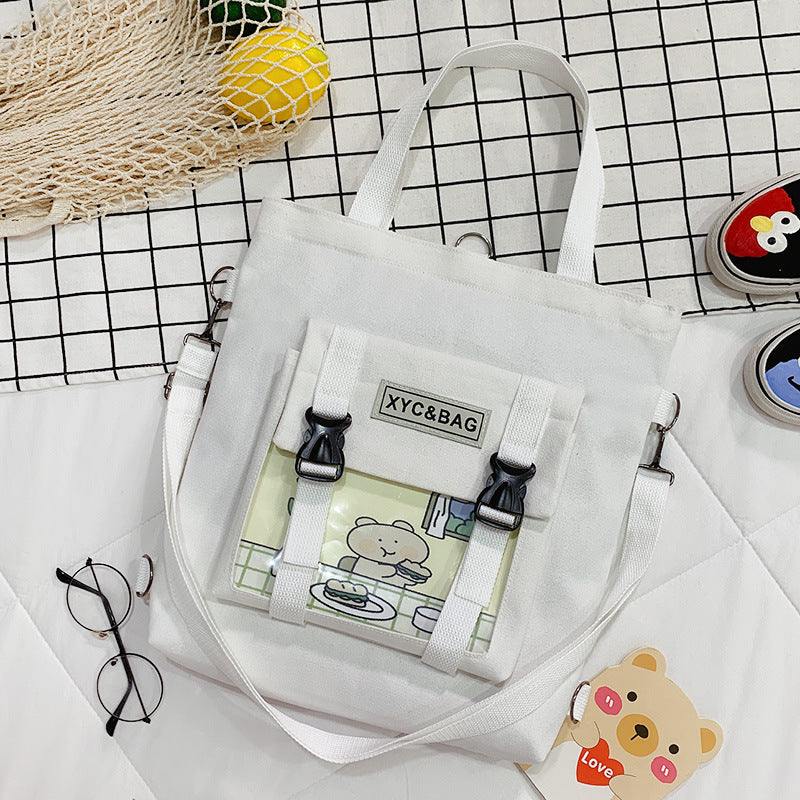 Transparent canvas shoulder bag with printed design from eprolo, featuring a sleek and modern style.