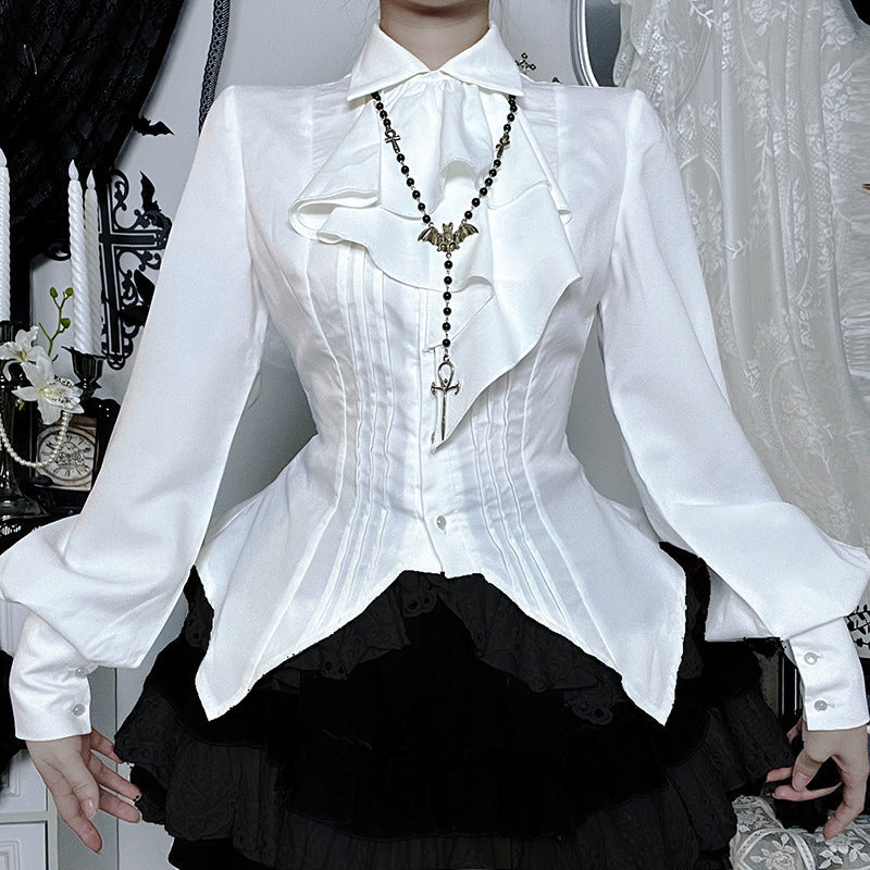 Eprolo Lolita Gothic model white shirt featuring lace details and Victorian-inspired design, displayed flat against a white background.
