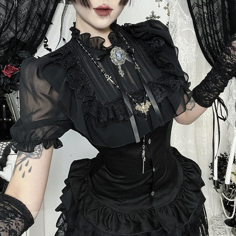 Elegant black lace detail gothic chic blouse from eprolo, featuring intricate lace accents and a stylish, modern design.