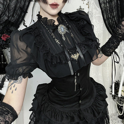 Elegant black lace detail gothic chic blouse from eprolo, featuring intricate lace accents and a stylish, modern design.