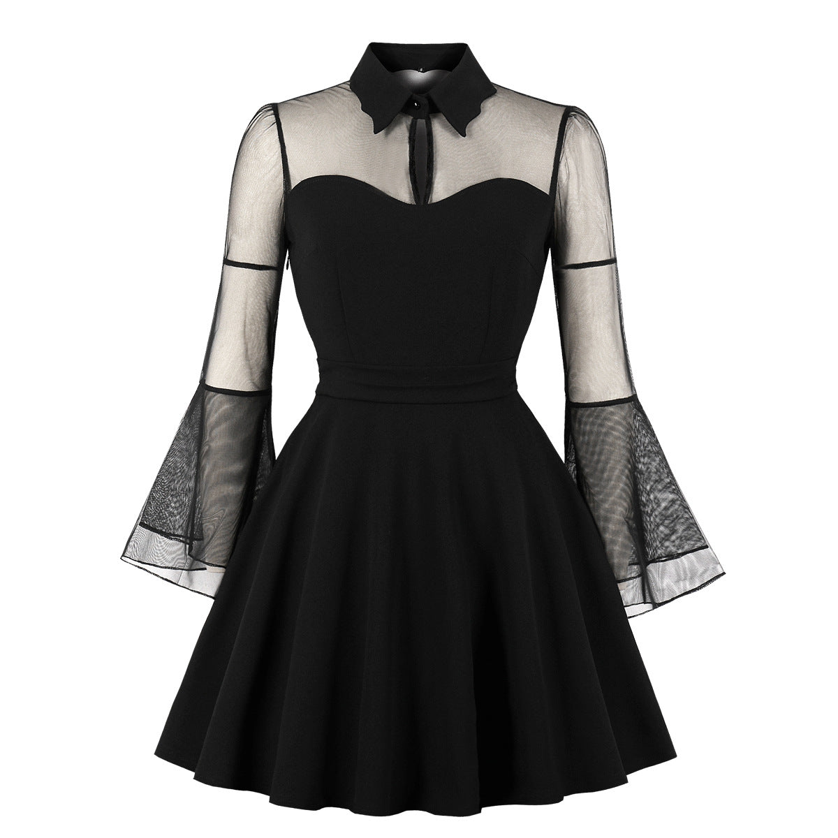 Eprolo black transparent mini dress displayed on a hanger, showcasing its sleek, fitted silhouette and sheer fabric details.