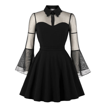 Eprolo black transparent mini dress displayed on a hanger, showcasing its sleek, fitted silhouette and sheer fabric details.
