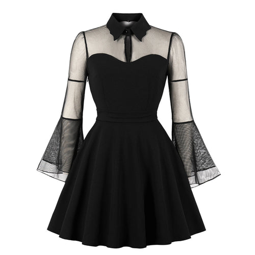 Eprolo black transparent mini dress displayed on a hanger, showcasing its sleek, fitted silhouette and sheer fabric details.