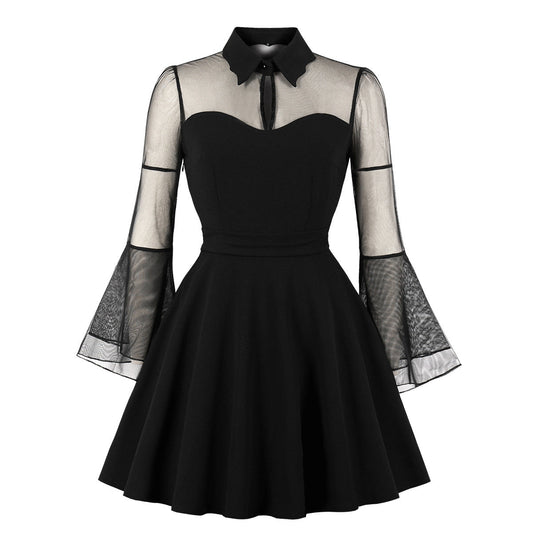 Eprolo black transparent mini dress displayed on a hanger, showcasing its sleek, fitted silhouette and sheer fabric details.