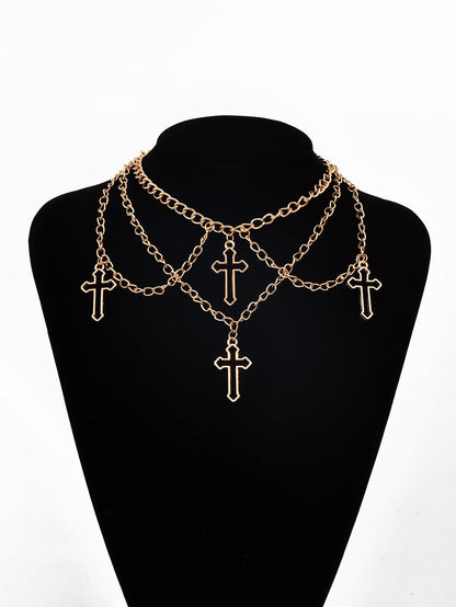 Eprolo Çok Katmanlı Haç Kolye with multiple silver chains and cross pendants, layered design for stylish accessorizing.