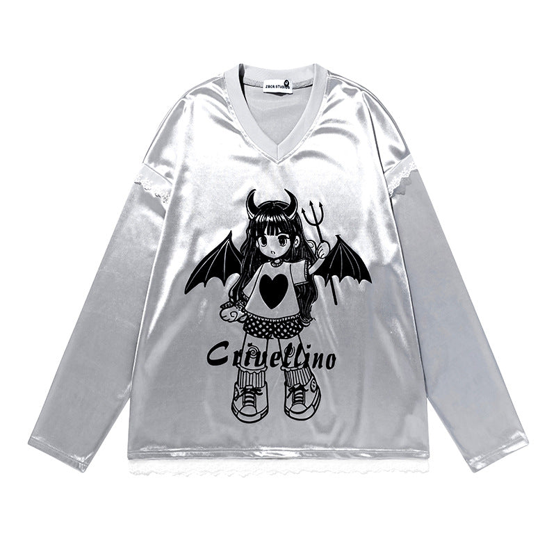 Y2K style loose satin t-shirt with lace details, eprolo brand, featuring a relaxed fit and intricate fabric design.
