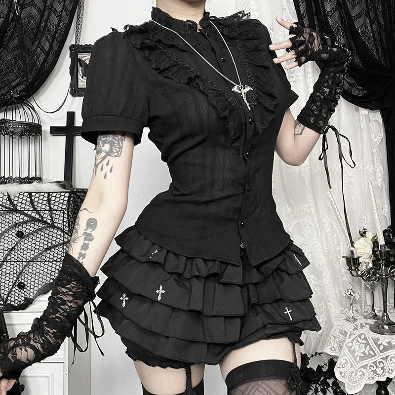 Black gothic Lolita-style cropped shirt by eprolo featuring lace details and a fitted design, displayed on a mannequin.