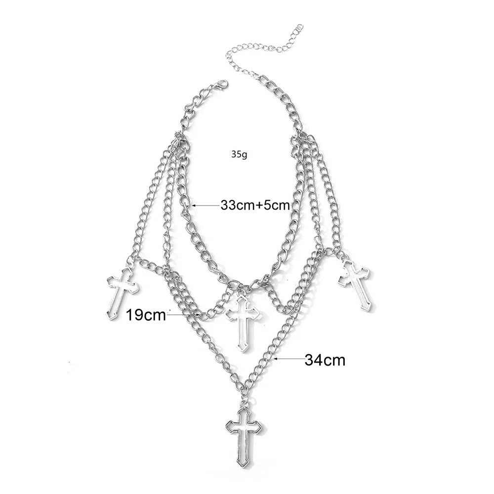 Multi-layered cross necklace by eprolo featuring overlapping metal chains and a prominent cross pendant.