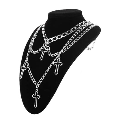 Eprolo Çok Katmanlı Haç Kolye with layered silver chains and cross pendants, stylish jewelry accessory for women.