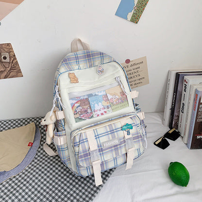 Eprolo Kareli Japon Tarzı sırt çantası with black and white checkered design, adjustable shoulder straps, and top handle.