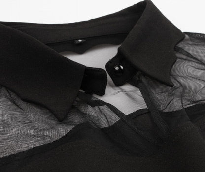 Eprolo black transparent mini dress displayed on a mannequin, showcasing its sleek, fitted design and sheer fabric.