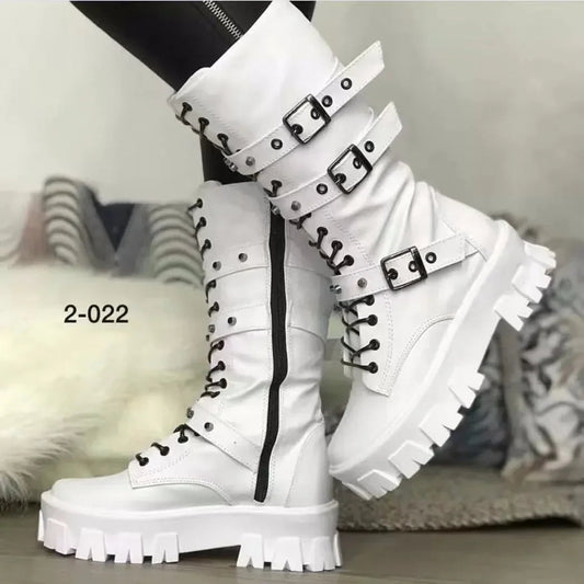 Deri Platform Bağcıklı Punk Gotik Bot
