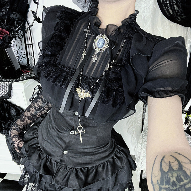 Elegant black lace detail gothic chic blouse by eprolo featuring intricate lace and stylish design.