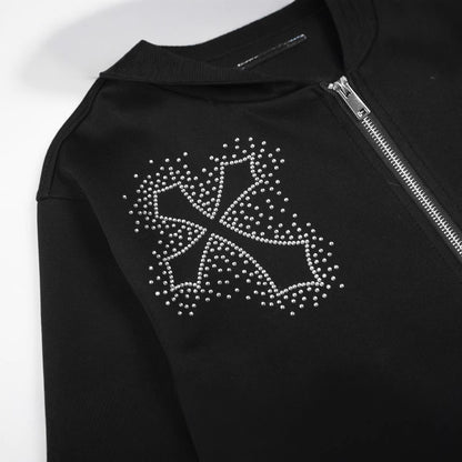 Eprolo zipper hoodie with cross pattern and gemstone embellishments, featuring a stylish design and comfortable fit.