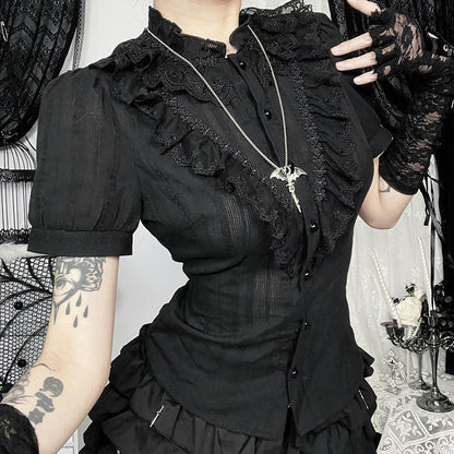 Black Gothic cut shirt from eprolo featuring lace details and a fitted design, perfect for Lolita or gothic fashion styles.