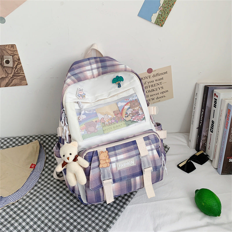 Eprolo Kareli Japon tarzı sırt çantası with black and white checkered pattern and adjustable shoulder straps