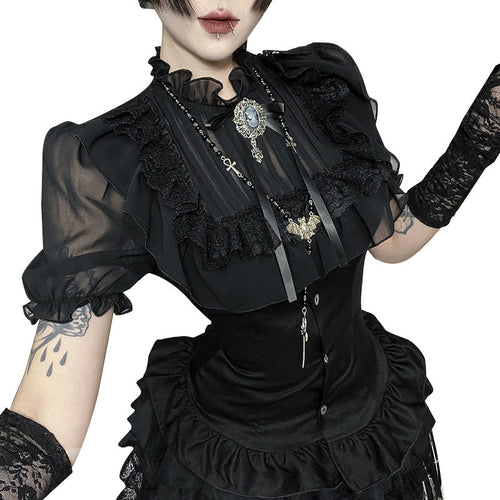 Black lace detailed gothic chic blouse by eprolo featuring elegant lace accents and a stylish fit.