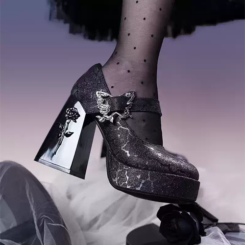 Gotik Gül Detaylı Platform Topuklu Ayakkabı
