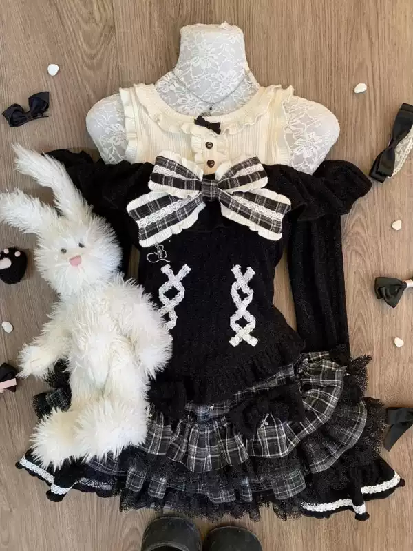 Siyah Ekoseli Lolita Etek & Üst Seti