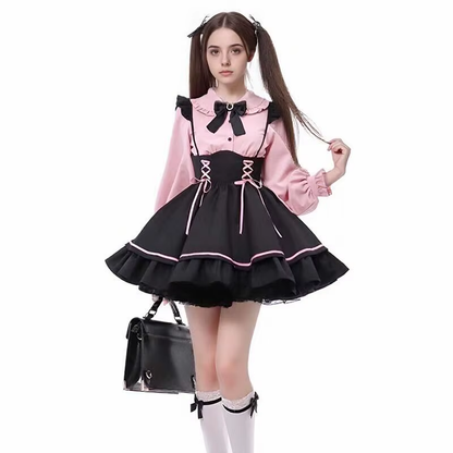 Fiyonk Detaylı Pembe Jirai Kei Lolita Elbise Seti