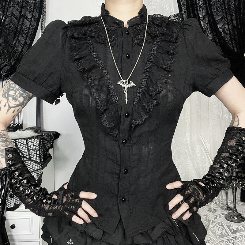 Eprolo Lolita/Gotik Dar Kesim Gömlek with long sleeves, black fabric, and Victorian-inspired design for gothic fashion style.