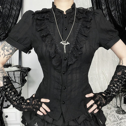 Eprolo Lolita/Gotik Dar Kesim Gömlek with long sleeves, black fabric, and Victorian-inspired design for gothic fashion style.