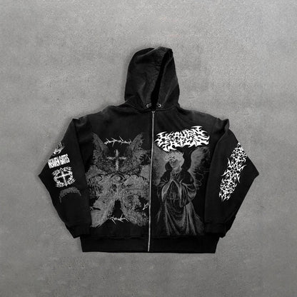 Melek Baskılı Oversize Kapüşonlu Zipper