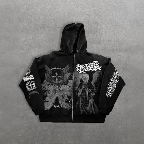 Melek Baskılı Oversize Kapüşonlu Zipper