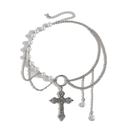 Eprolo Kristal detaylı haç kolye with sparkling crystal accents hanging on a chain, close-up view of the religious pendant.