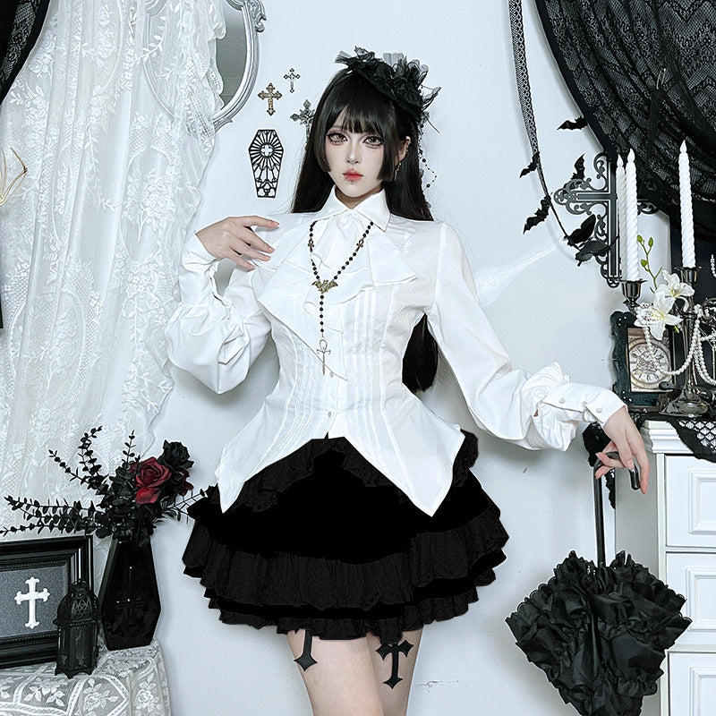 Eprolo Lolita Gothic model white shirt displayed on a hanger, featuring lace details and a Victorian-inspired design.