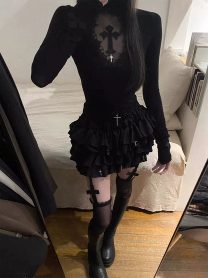 Gotik Haç Detaylı Kat Kat Mini Etek - ürün görseli 3